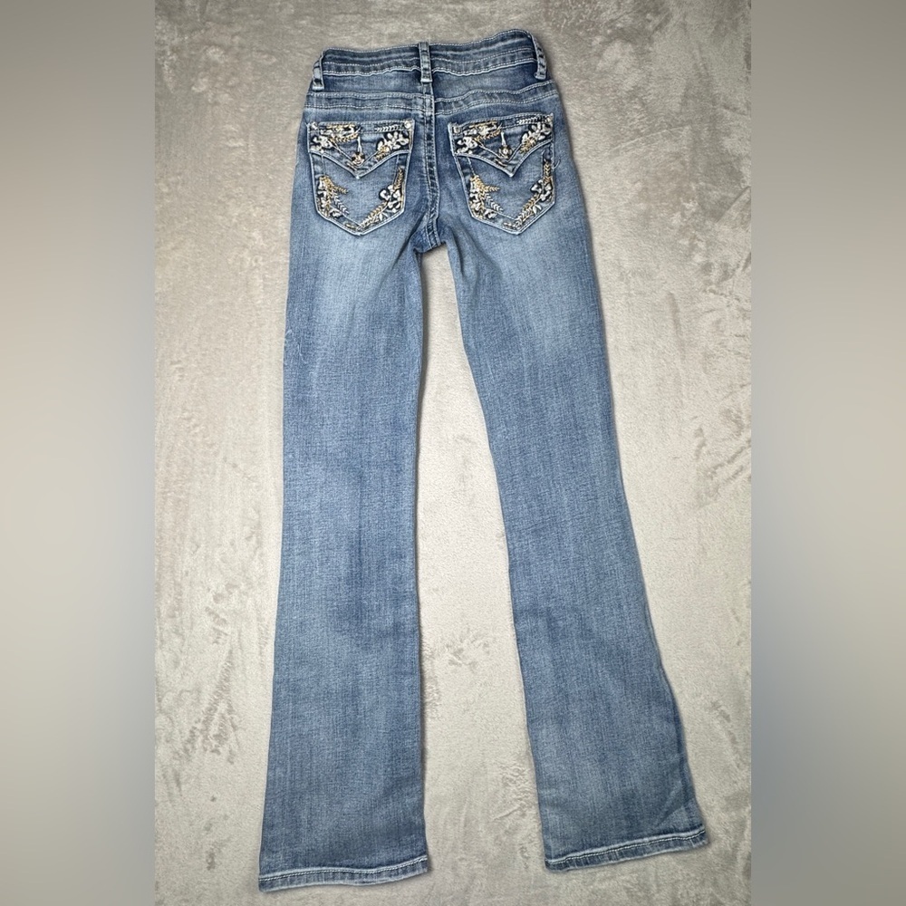 Telepatia Embellished Embroidered Floral Rhinestone Denim Bootcut Blue Jeans 24